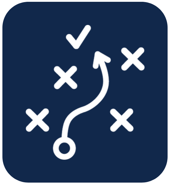 arrow leading from a circle, weaving between x shapes toward check mark, similar to a football play